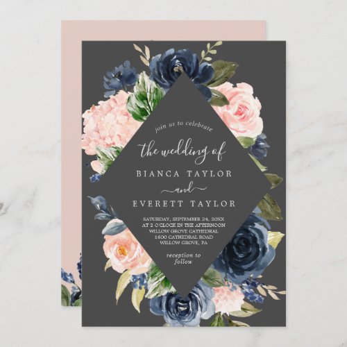 Blush and Navy Flowers  Gray All In One Wedding Invitation