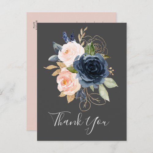 Blush and Navy Flowers  Gray Thank You Postcard