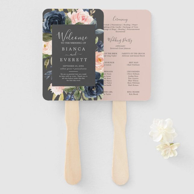 Blush and Navy Flowers | Gray Wedding Program Fan (Front and Back)