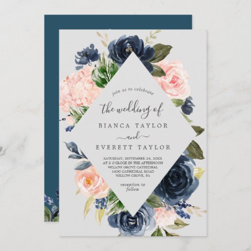 Blush and Navy Flowers  Grey All In One Wedding Invitation