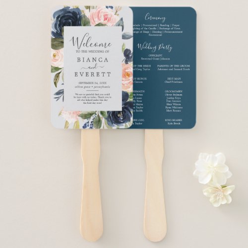 Blush and Navy Flowers  Grey Wedding Program Fan