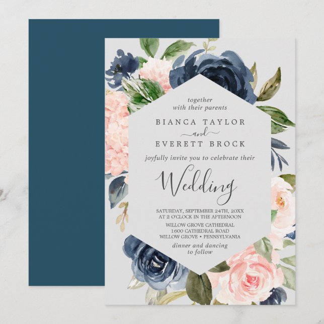 Blush and Navy Flowers | Light Gray Wedding Invitation (Front/Back)