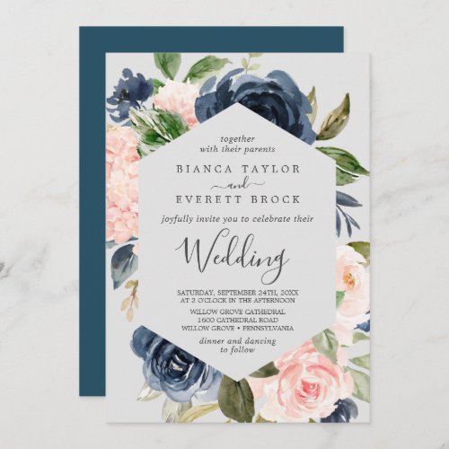 Blush and Navy Flowers  Light Gray Wedding Invitation
