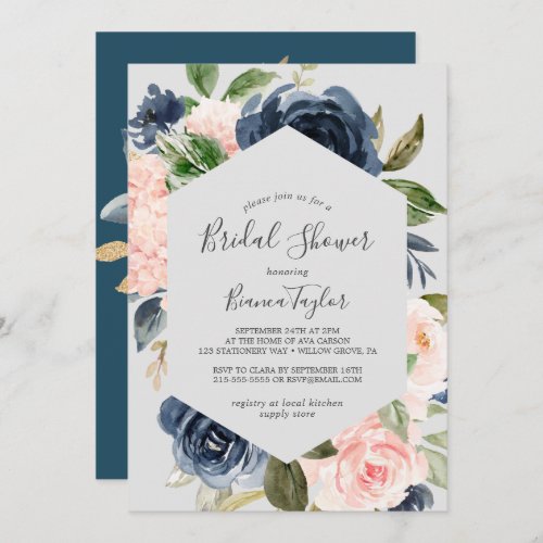 Blush and Navy Flowers  Light Grey Bridal Shower Invitation