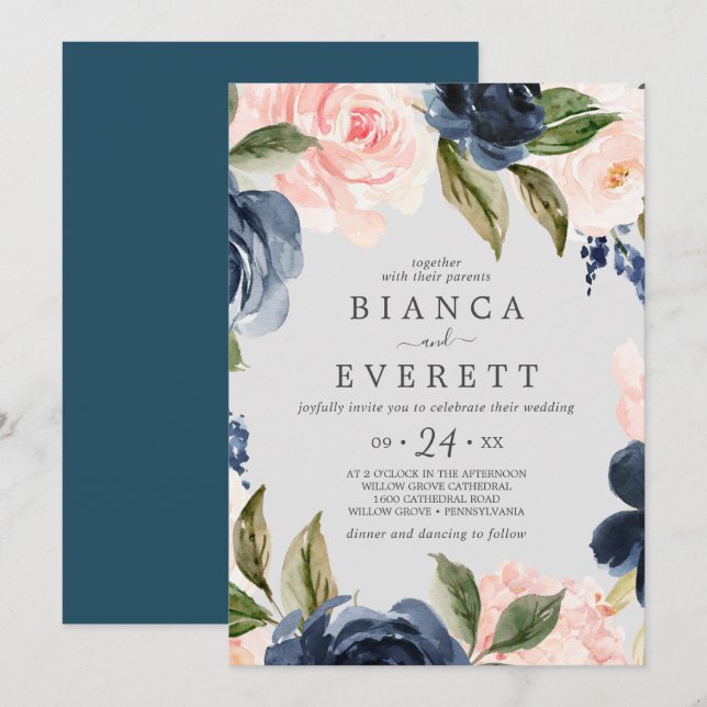 Blush and Navy Flowers | Light Grey Casual Wedding Invitation (Front/Back)