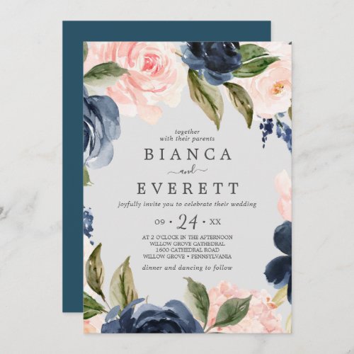 Blush and Navy Flowers  Light Grey Casual Wedding Invitation