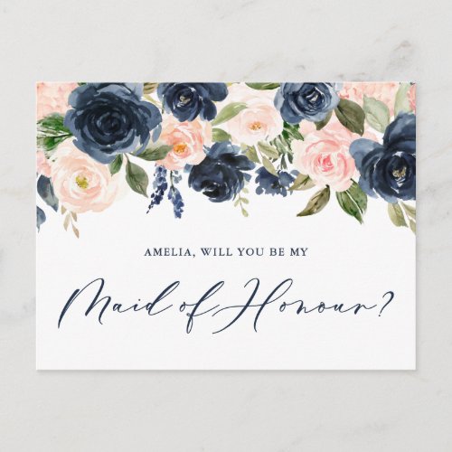 Blush and Navy Flowers Maid of Honour Proposal Postcard