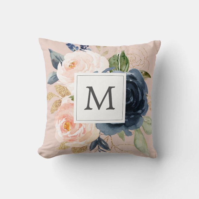 Blush and Navy Flowers Monogrammed Throw Pillow (Front)