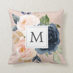 Blush and Navy Flowers Monogrammed Throw Pillow
