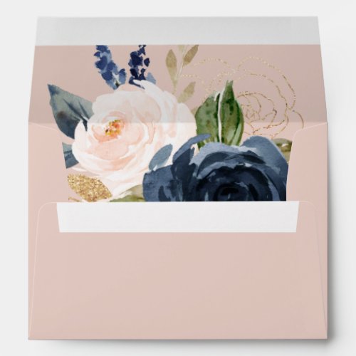 Blush and Navy Flowers  Pink Wedding Invitation Envelope