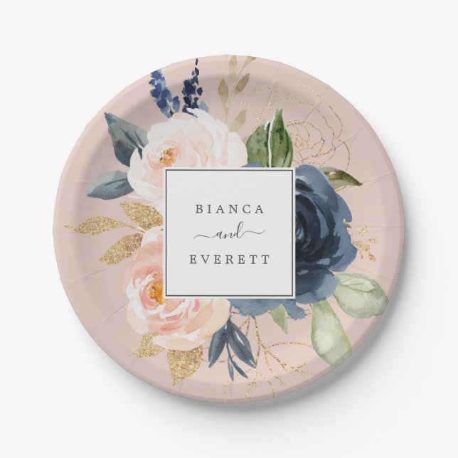 Blush and Navy Flowers | Pink Wedding Paper Plates (Front)