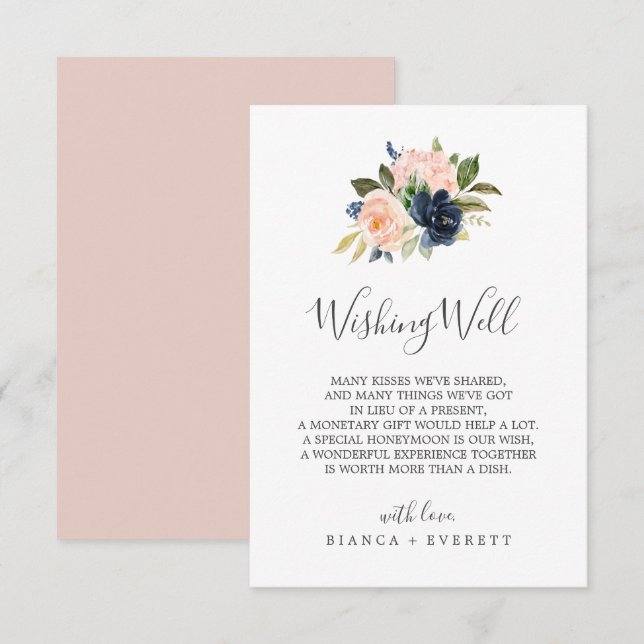 Blush and Navy Flowers Wedding Wishing Well Card (Front/Back)