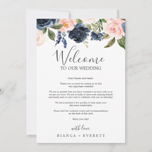 Blush and Navy Flowers Welcome Letter  Itinerary