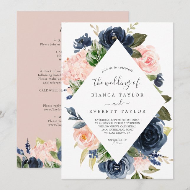 Blush and Navy Flowers | White All In One Wedding Invitation (Front/Back)