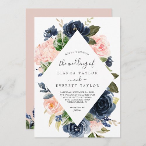 Blush and Navy Flowers  White All In One Wedding Invitation