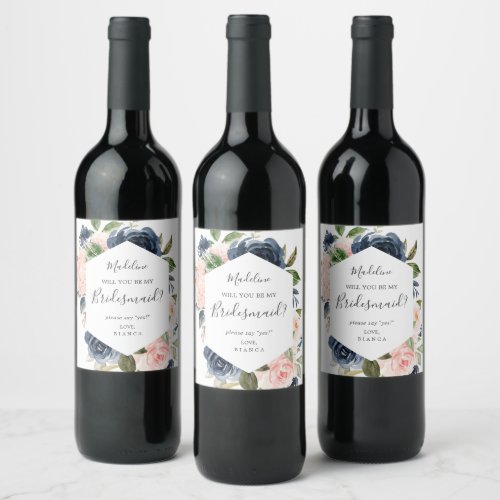 Blush and Navy Flowers  White Bridesmaid Proposal Wine Label