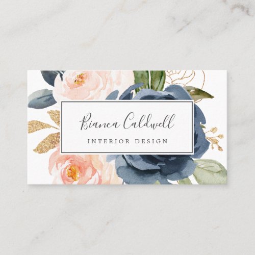 Blush and Navy Flowers  White Business Card