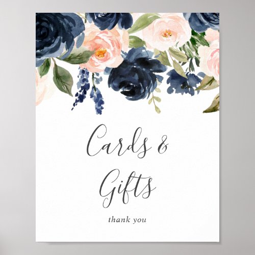 Blush and Navy Flowers White Cards and Gifts Sign