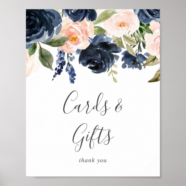 Blush and Navy Flowers White Cards and Gifts Sign (Front)