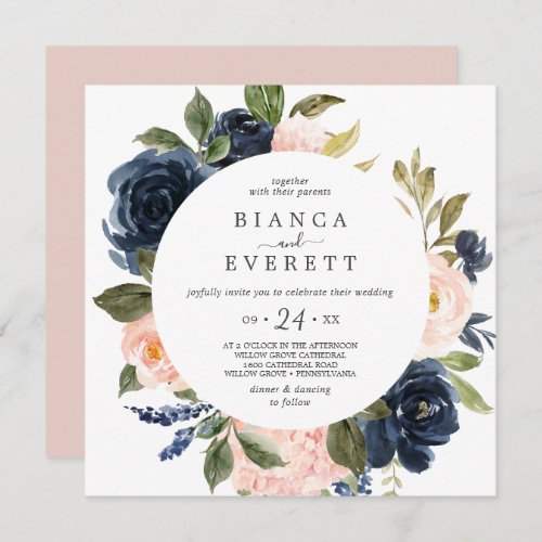 Blush and Navy Flowers White Casual Square Wedding Invitation