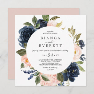 Blush and Navy Flowers White Casual Square Wedding Invitation