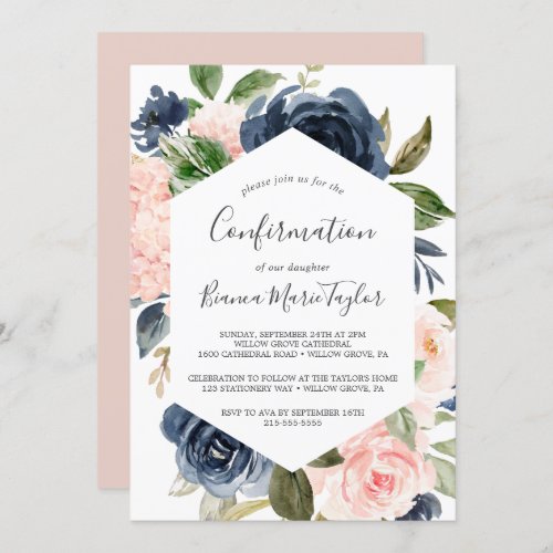 Blush and Navy Flowers  White Confirmation Invitation