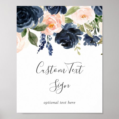 Blush and Navy Flowers  White Custom Text Sign