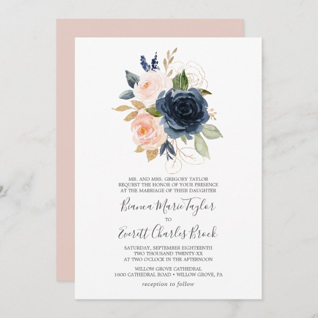 Blush and Navy Flowers | White Formal Wedding Invitation (Front/Back)