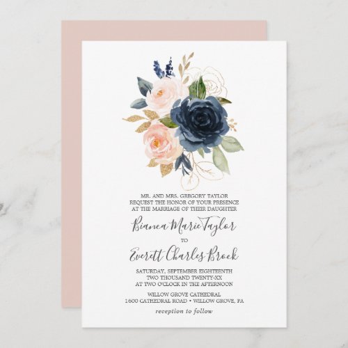 Blush and Navy Flowers  White Formal Wedding Invitation