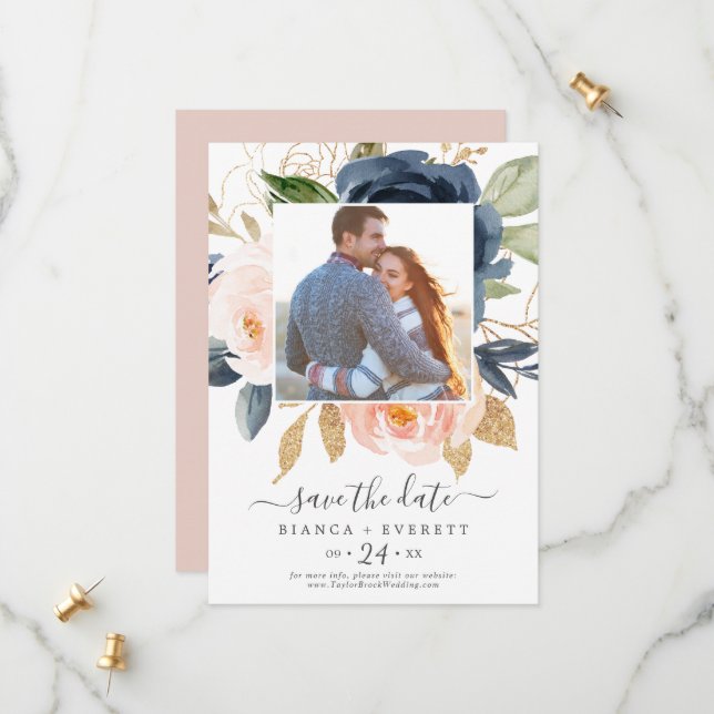 Blush and Navy Flowers White Photo Save the Date (Front/Back In Situ)
