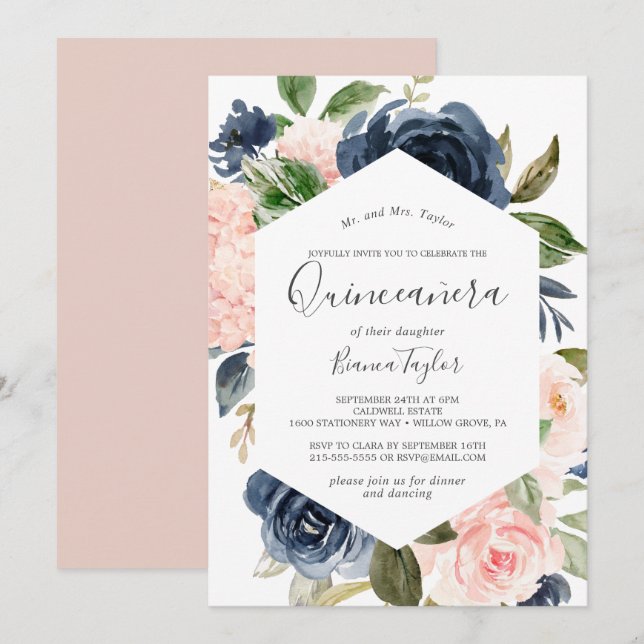 Blush and Navy Flowers | White Quinceañera Invitation (Front/Back)