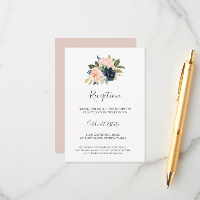 Blush and Navy Flowers White Reception Insert Card (Front/Back In Situ)