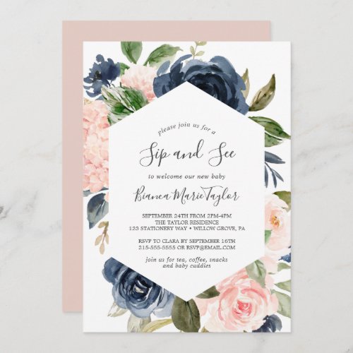 Blush and Navy Flowers  White Sip and See Invitation