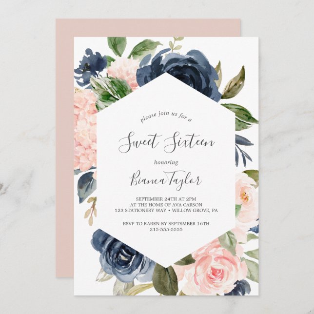 Blush and Navy Flowers | White Sweet Sixteen Invitation (Front/Back)