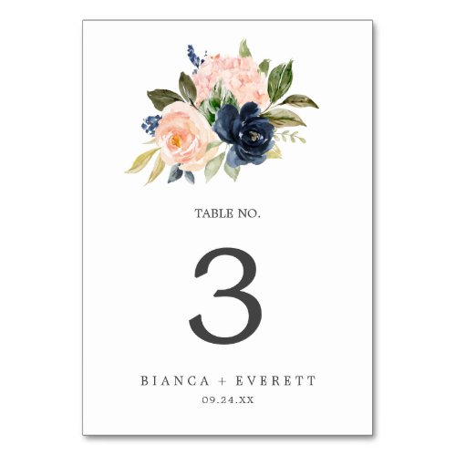 Blush and Navy Flowers  White Table Number