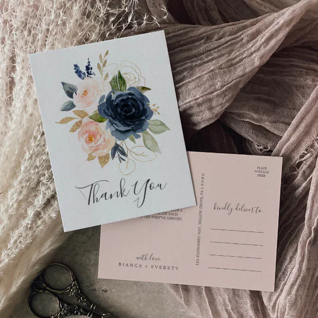 Blush and Navy Flowers | White Thank You Postcard | Zazzle