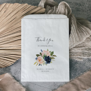 Blush and Navy Flowers   White Thank You Wedding Favor Bag