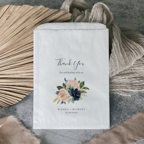 Blush and Navy Flowers  White Thank You Wedding Favor Bag