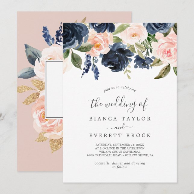 Blush and Navy Flowers | White The Wedding Of Invitation (Front/Back)