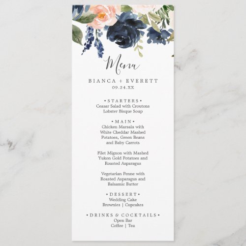 Blush and Navy Flowers  White Wedding Dinner Menu