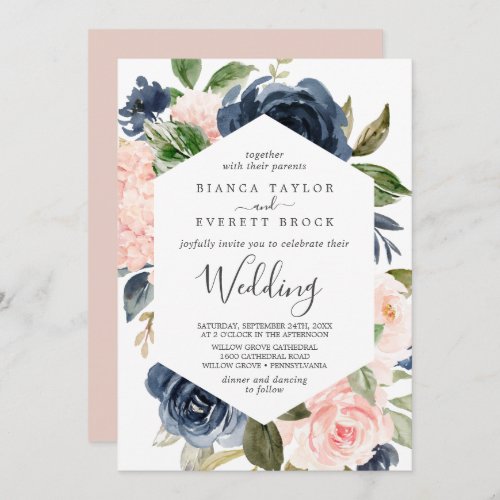 Blush and Navy Flowers  White Wedding Invitation