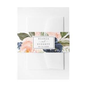 Blush and Navy Flowers   White Wedding Invitation Belly Band