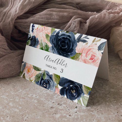 Blush and Navy Flowers  White Wedding Place Cards