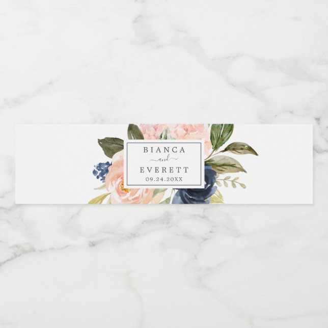 Blush and Navy Flowers | White Wedding Water Bottle Label (Single Label)