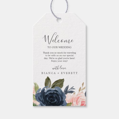 Blush and Navy Flowers  White Wedding Welcome Gift Tags