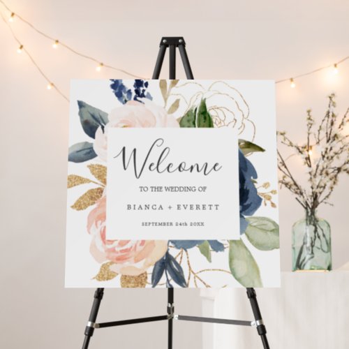 Blush and Navy Flowers  White Welcome Wedding Foam Board