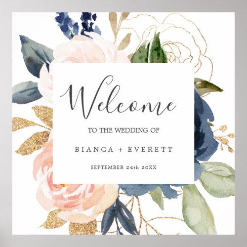 Blush and Navy Flowers  White Welcome Wedding Poster