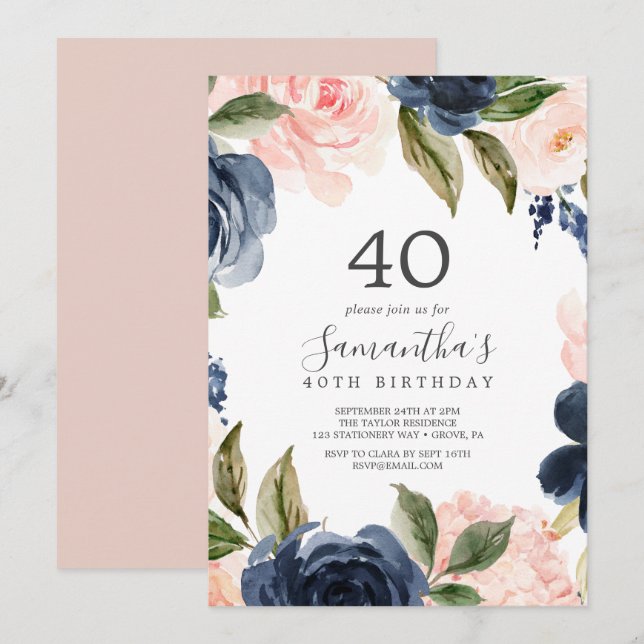 Blush and Navy Flowers White Wreath 40th Birthday Invitation (Front/Back)