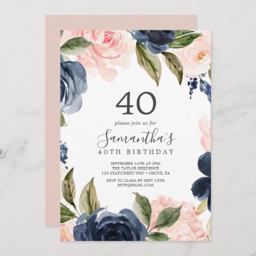 Blush and Navy Flowers White Wreath 40th Birthday Invitation