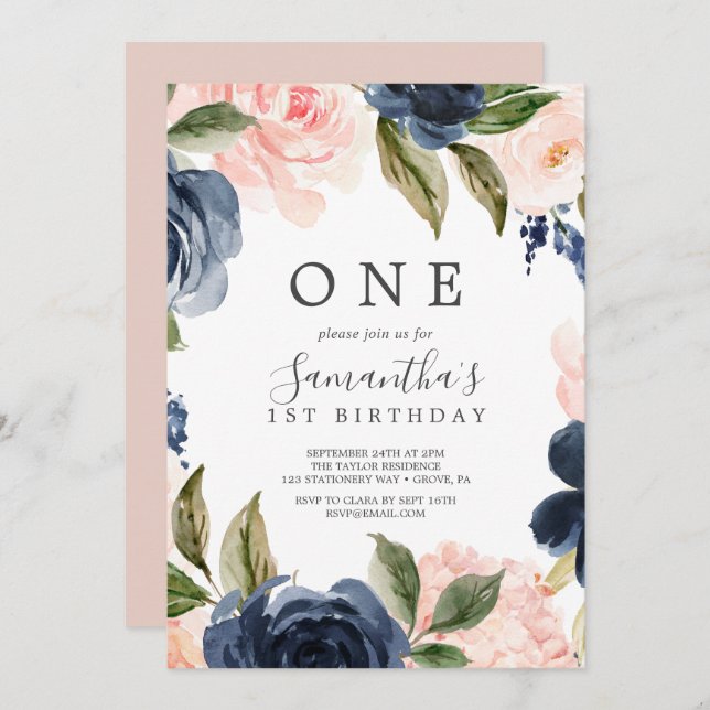 Blush and Navy Flowers White Wreath First Birthday Invitation (Front/Back)